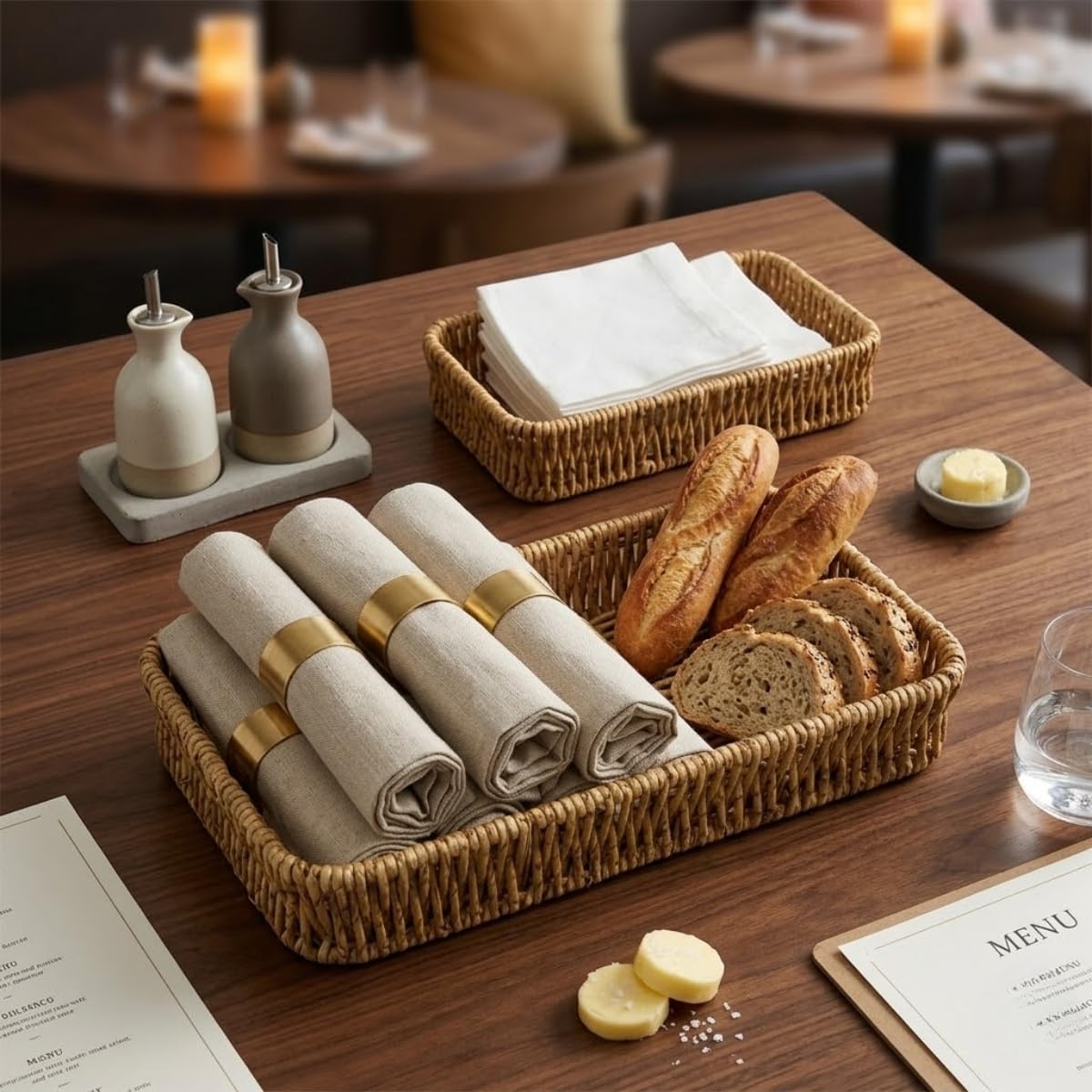 DEİNHAUS Hasır Örgü Dikdörtgen Sepet Tepsisi, 2'li Set, Doğal Renk, Ekmek ve Organizer Kullanımı, 28x10 cm ve 24x9 cm