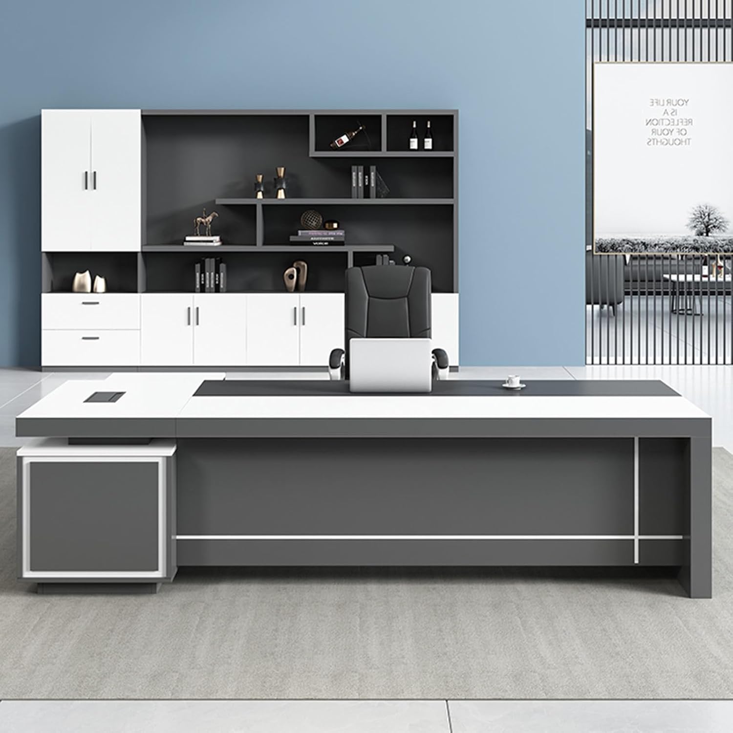 Wood L Shaped Computer Desk Executive Office Desk with File Cabinet Writing Study Table Business Furniture Set for CEO Boss