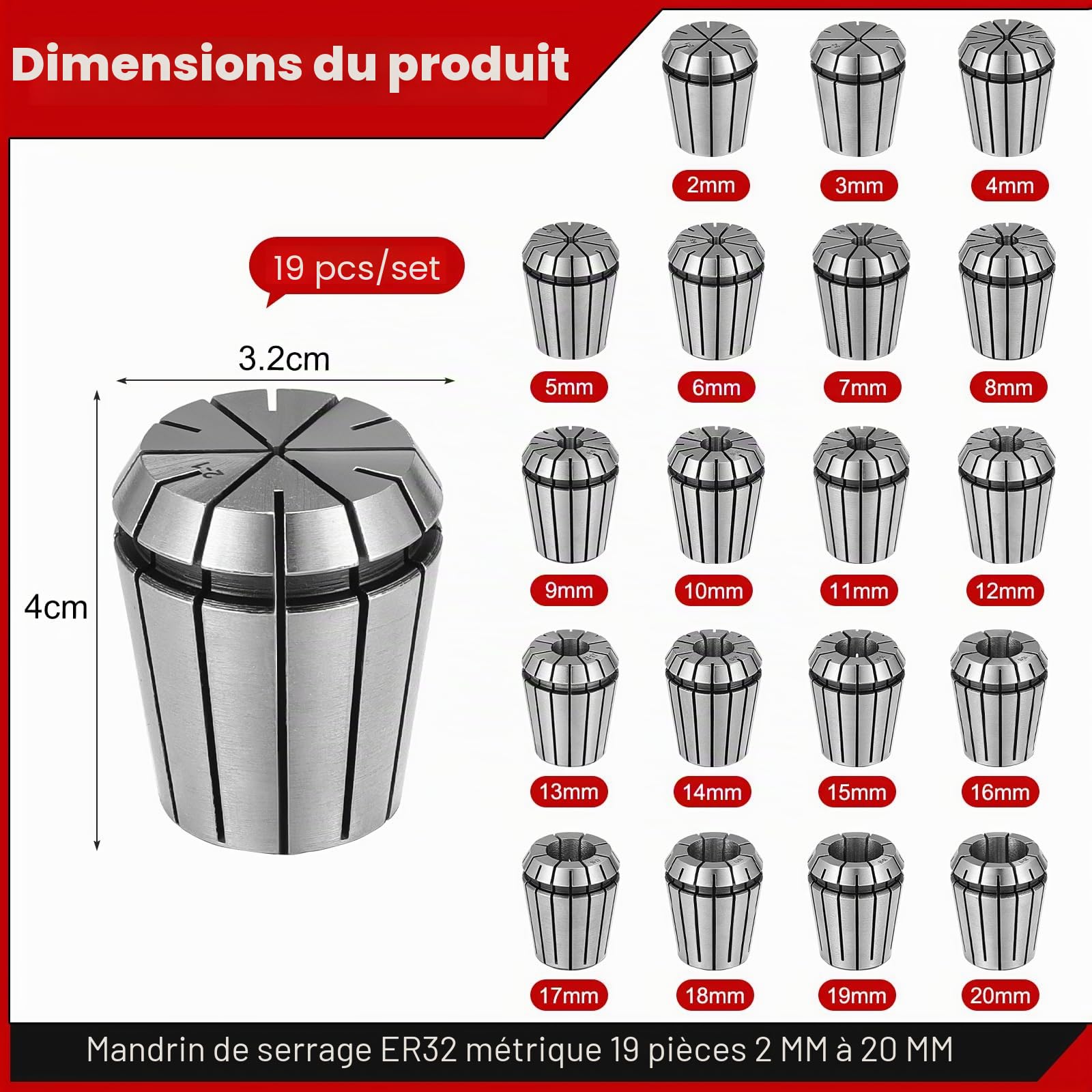 HSEAMALL Ensemble de 19 pinces à ressort de précision ER32, de 2mm-20mm, porte-embouts à pinces ER32 pour la fixation de pièces CNC, gravure et fraisage, outil de tour
