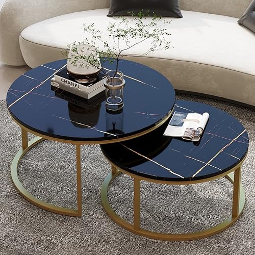 WiberWi Round Coffee Table Nesting Tables Set of 2, Large : Ø 34.0", Small : Ø 26.0", Modern Design Coffee Tables for Living Room, Gold Metal Frame Circle Cocktail Table, High Glossy Faux Black Marble