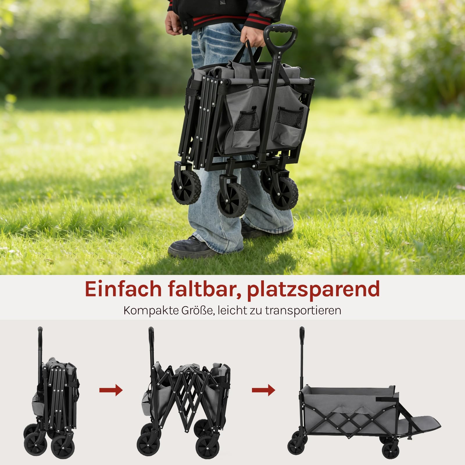 WOLTU Bollerwagen faltbar, 110L + 150kg Tragkraft, Handwagen mit 2 Getränkehaltern, 4 abnehmbaren Rädern, Rückwand klappbar und Griff, für Camping Picknick Einkaufen Strand, Grau