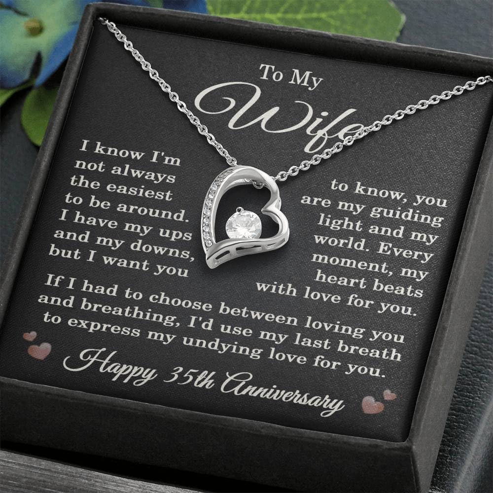 35th Anniversary Necklace for Wife from Husband 35 Years Anniversary Jewelry for Her Women Forever Love Pendant 14k White Gold Finish Standard Box