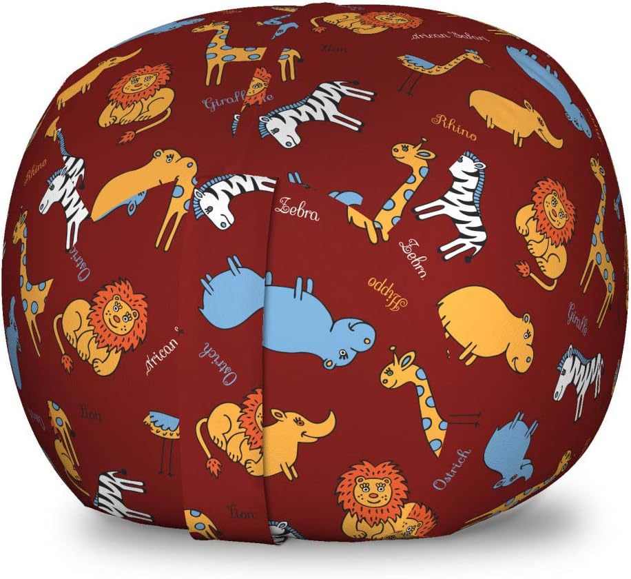 Ambesonne Hippo Storage Toy Bag Chair, Childish Doodle Pattern with Wild Animals Such as Ostrich Zebra and Lion Cartoon, Stuffed Animal Organizer Washable Bag, Large Size, Multicolor