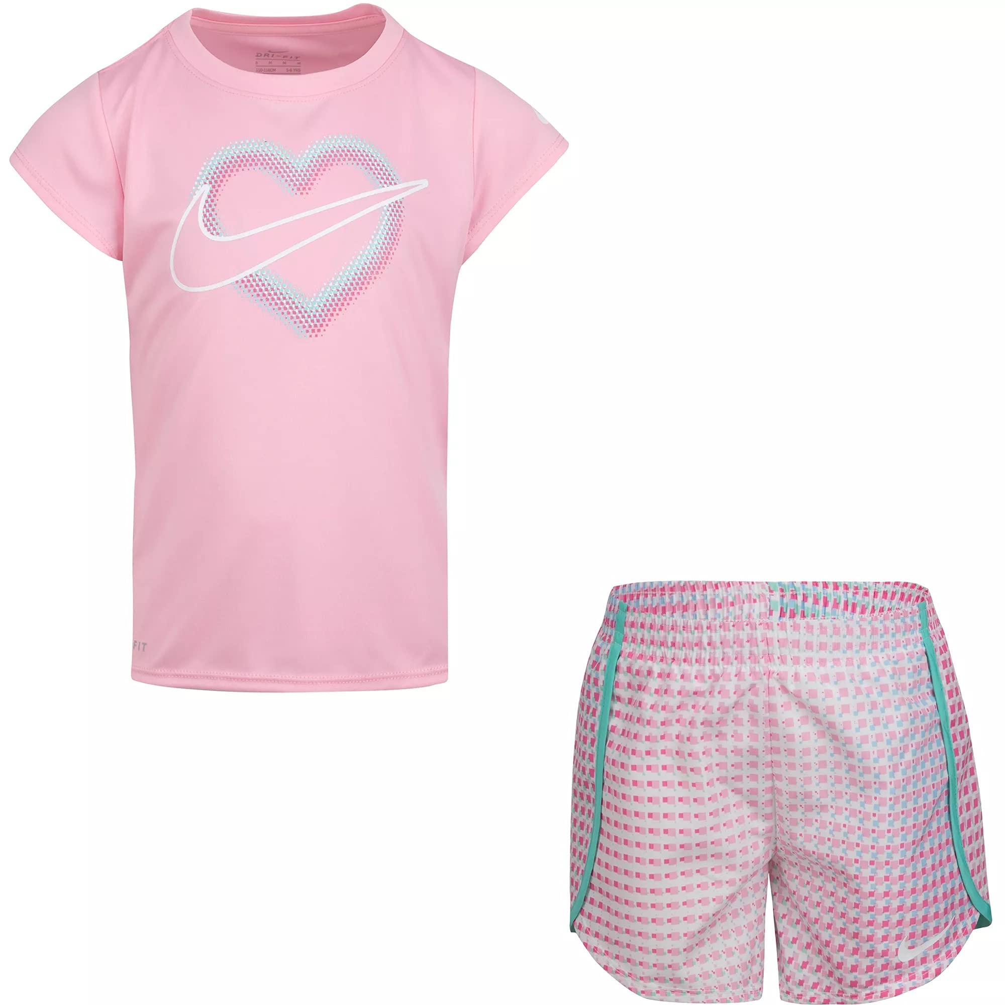 NIKE Conjunto de camiseta y pantalones cortos Dri-FIT Pixel para niña pequeña, Tropical Twist (26h451-f1p)/rosa, 12 meses