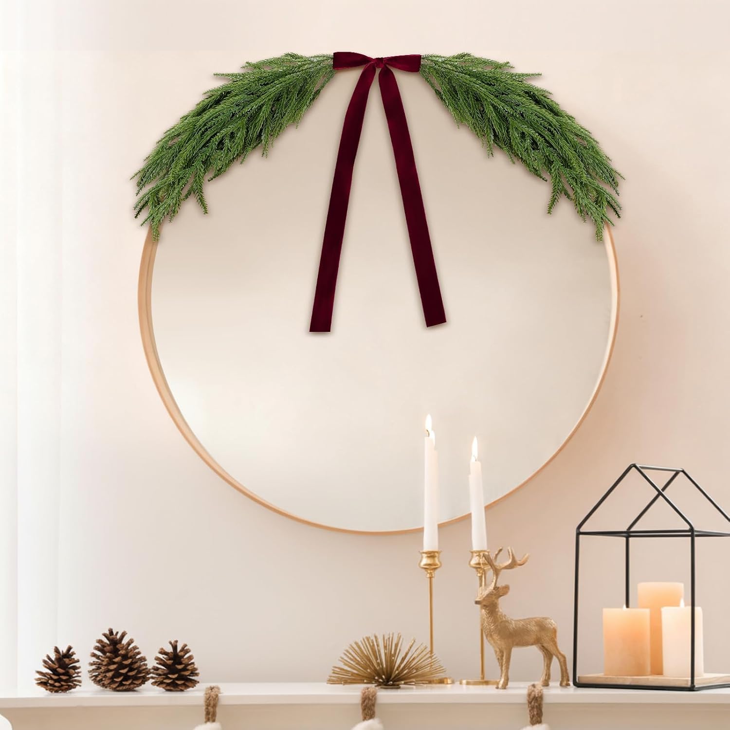 2.6ft Christmas Mirror Garland Artificial Norfolk Pine Swag for Mirror with Velvet Bow Faux Greenery Garlands Christmas Wreath for Xmas Home Door Mailbox Indoor Fireplace Decor(Burgundy Red)