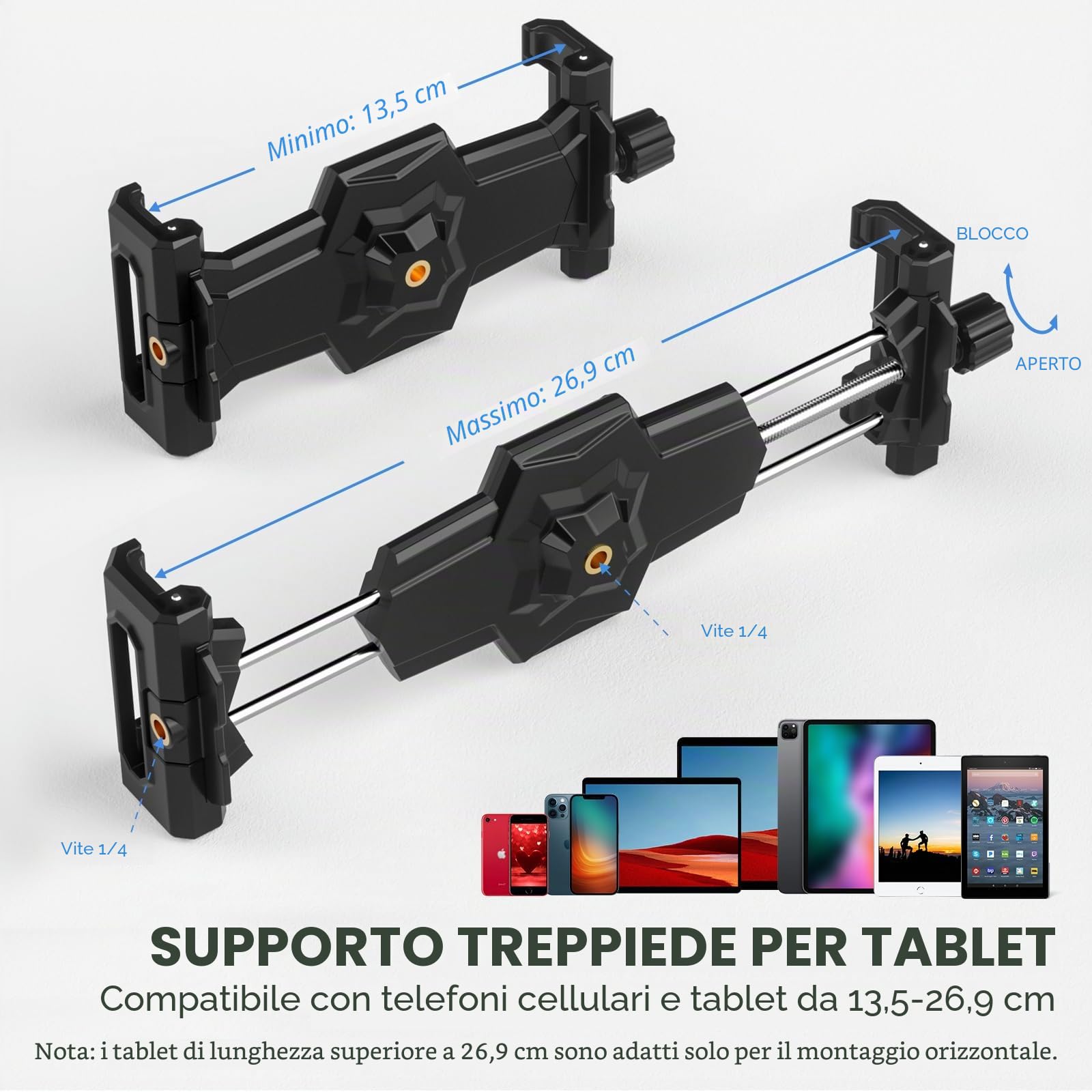KDD Adattatore per treppiede per iPad e Tablet con testa a sfera ruotabile 360 per iPad Pro 12.9 iPad Mini Galaxy Tab Selfie Stick 5.3-10.6'' Nero
