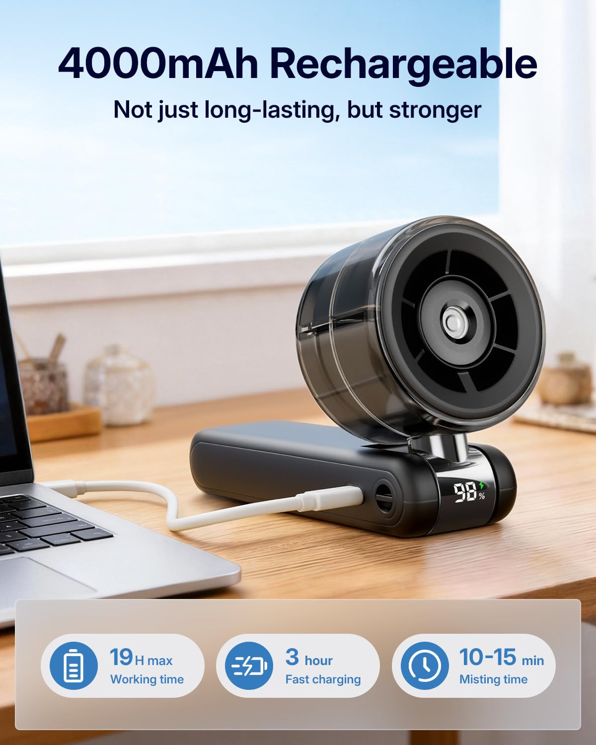 Ventilateur brumisateur portable – Ventilateur turbo portable avec pulvérisation de brume froide, 4000 mAh rechargeable, 5 vitesses, brumisateur d'eau pliable personnel pour voyage d'été - 5