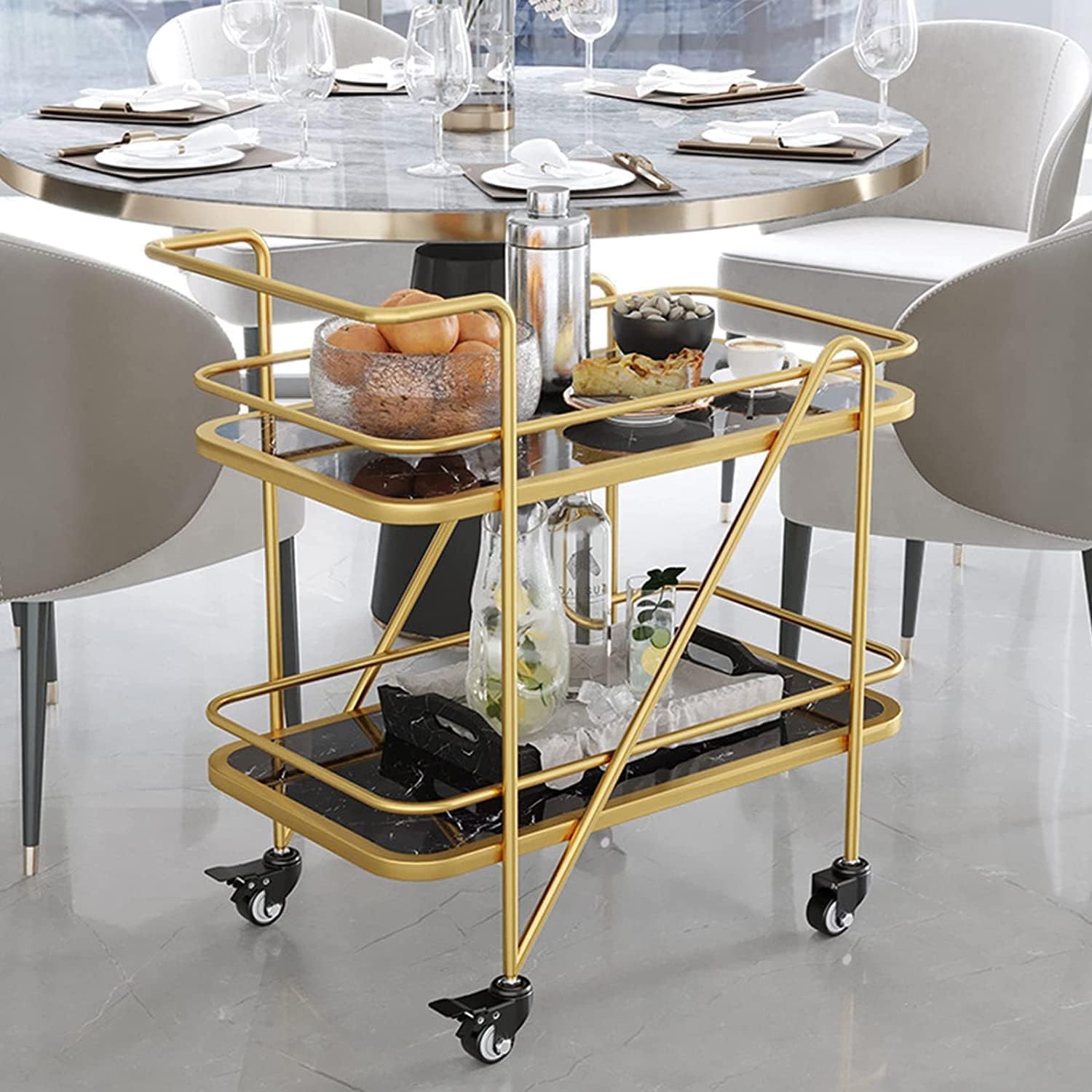 Two Tier Solid Metal Bar Cart Trolley Serving Trolley Coffee Table Bar Trolley Serving with Wheel Home for Food Serving Table for Living Room & Bed Room (Golden Black)-image-29