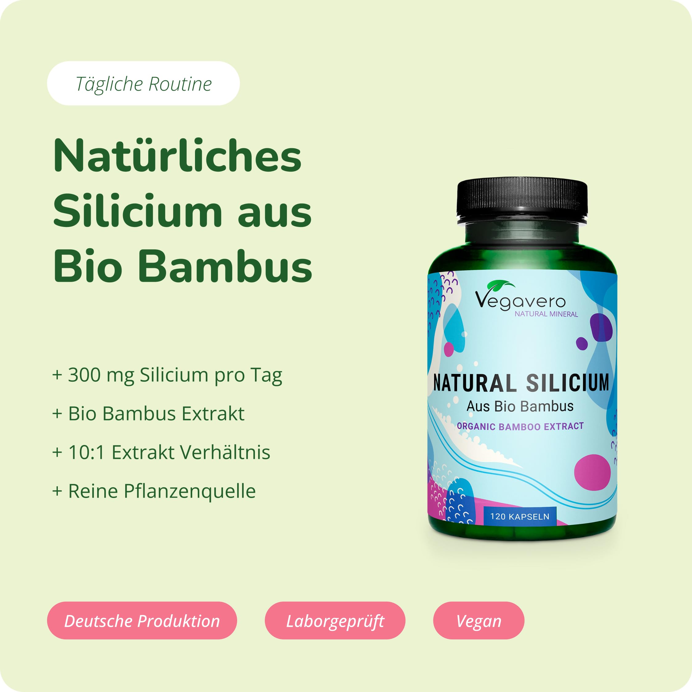 Vegavero Bio Silizium hochdosiert Kapseln 120 Stck - 300 mg natrliches  Silicium aus Bambusextrakt - 10:1 Bio Bambus Extrakt mit 70% Siliziumdioxid  - Vegan, ohne Zusatzstoffe : Amazon.de: Drogerie & Krperpflege