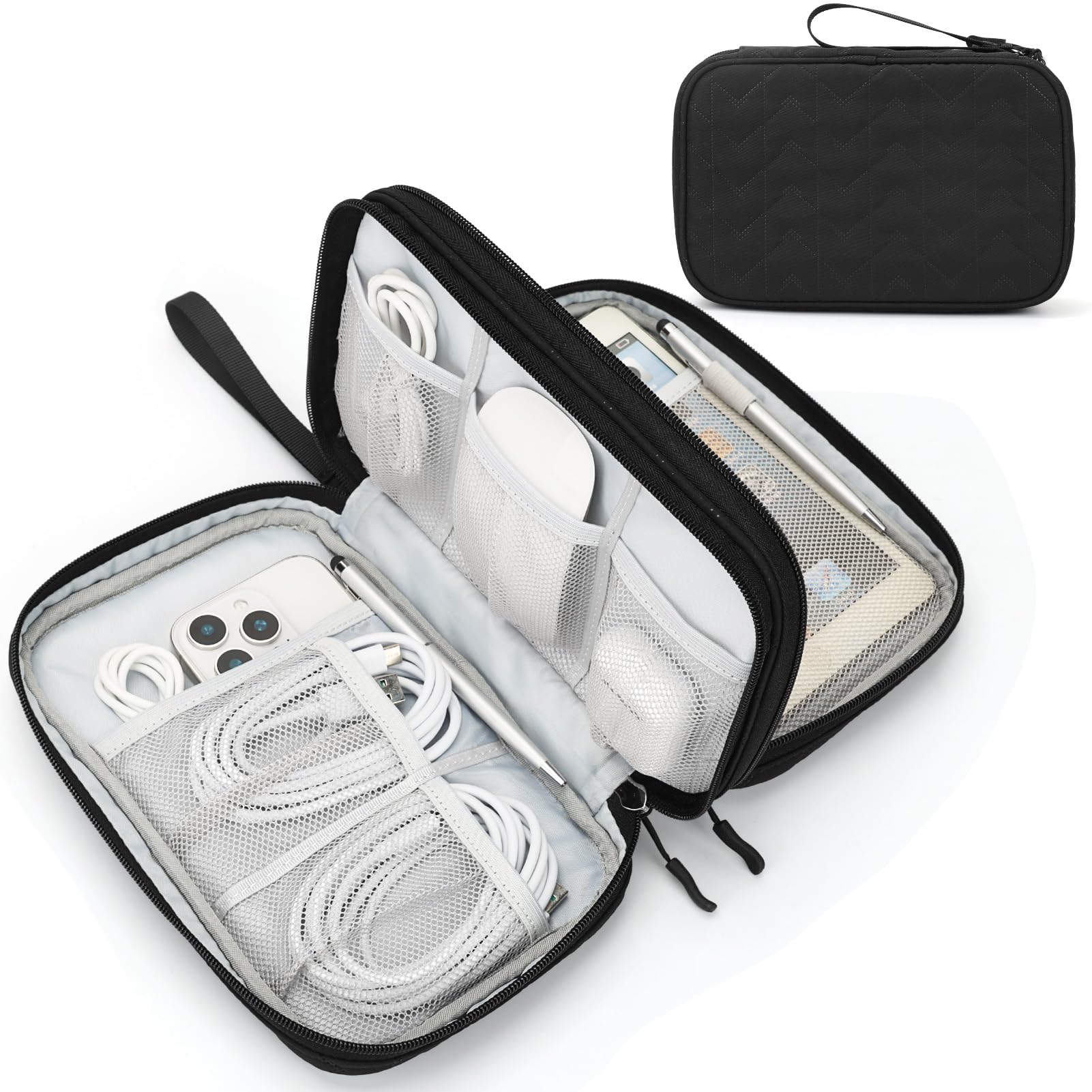 FYY Electronic Organizer, Travel Tech Pouch Bag, Large, Black Quilted
