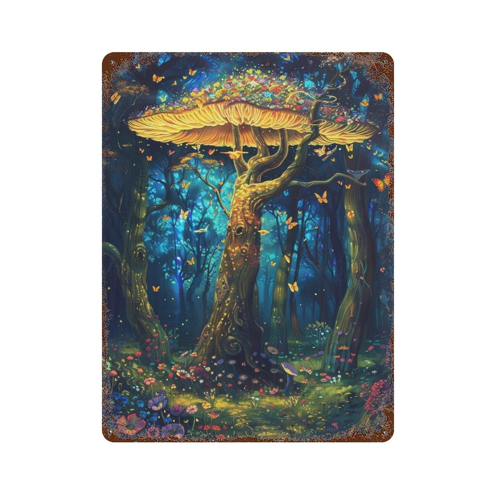 Enchanted Forest Glowing Mushrooms Vintage Rust Metal Sign 15.7"x11.8", Ideal for Cafe, Home Bar And Lounge Decor