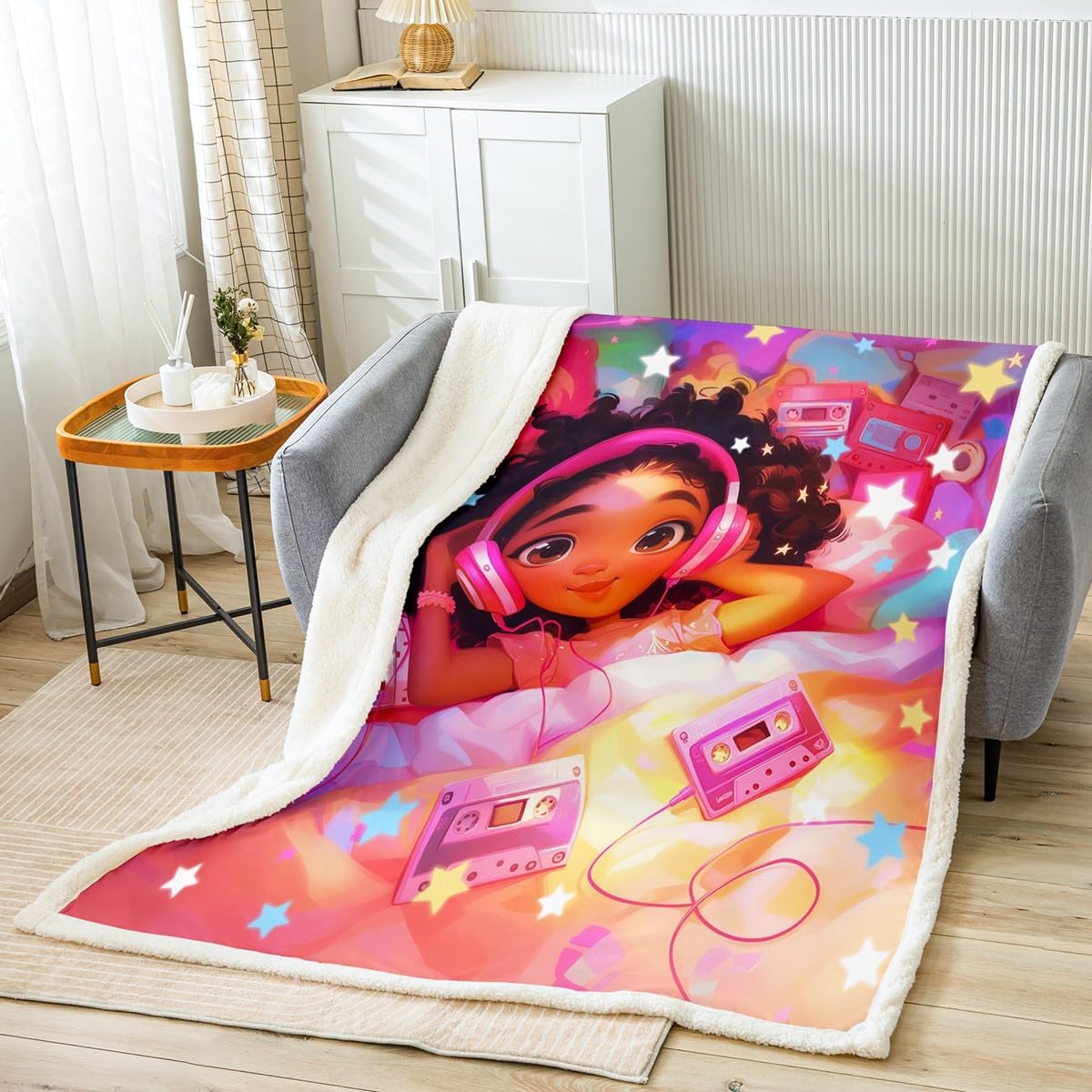 Cute Girl Flannel Blanket,African Style American Theme Fuzzy Blanket for Children Present,Stars Galaxy Starfish Colorful Scale Print Polyester Throw Blanket for Couch, Twin Size (60 x 80 Inch)