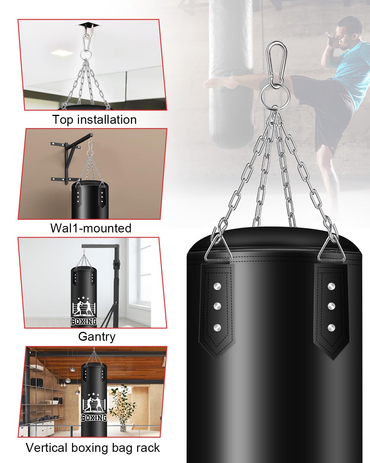 Sac de Frappe Adulte 120cm, Non REMPLIR Suspendu Sac de Frappes pour MMA Muay Thai Karate Taekwondo Training avec Chaine Suspension Boxe Punching Bag