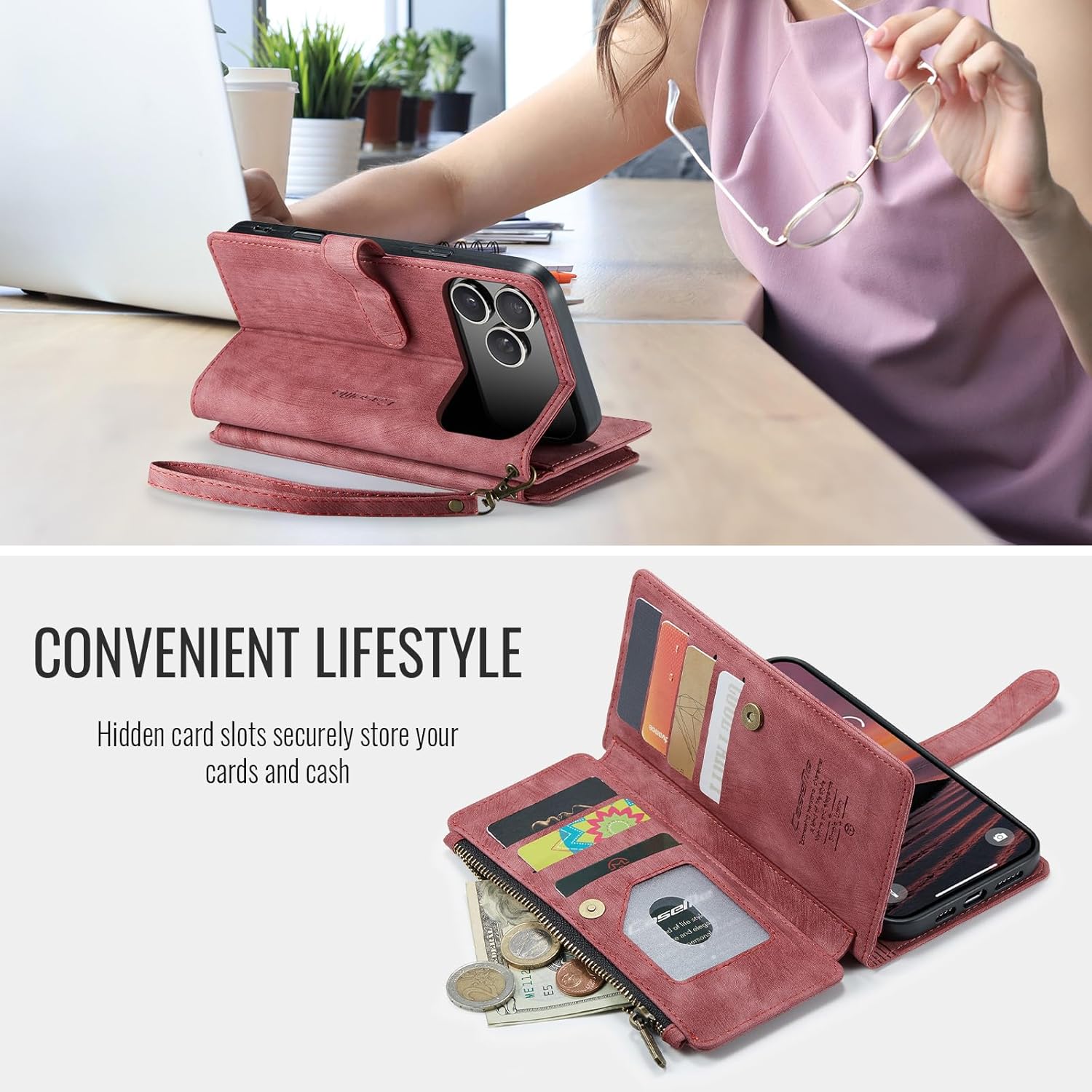 Compatible with iPhone 17 Pro Max Wallet Case with Card Holder Kickstand Magnetic Zipper Pocket Lanyard Strap Wristlet,Leather Flip Case Wallet for iPhone 17 Pro Max 6.9 Inch (Red)