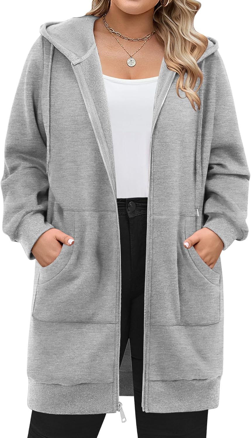 IN'VOLAND Women Plus Size Zip Up Hoodies Long Sleeve Tunic Sweatshirt Long Fleece Hoodie Jacket with Pockets