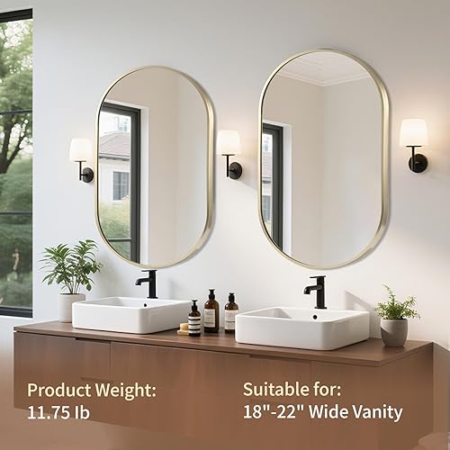 Miniatura 2 de Espejo ovalado dorado, espejo de baño ovalado de 17 x 30 pulgadas, espejo de tocador con marco de metal cepillado, espejos de montaje en pared para