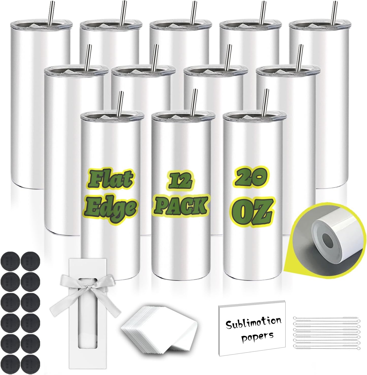 ZONEGRACE 12 Pack Flat Edge Sublimation Tumblers bulk 20 oz Skinny,Stainless Steel Double Wall Insulated Straight Sublimation Tumbler Cups Blank White with Flat Bottom