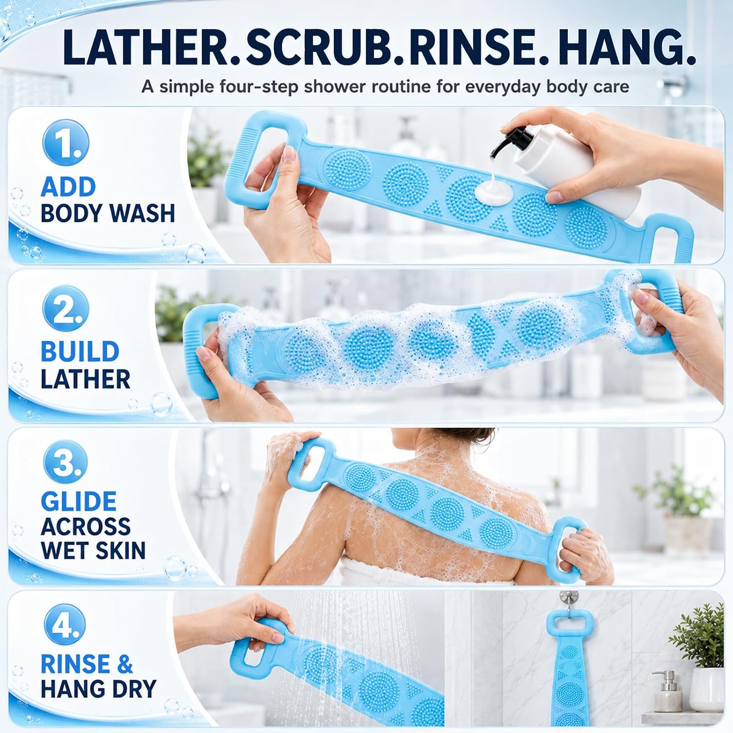 Silicone Bath Body Brush with Strong Tensile Strength ，Hangable Back Cleaning Bath Strap for Exfoliate & Massage，Easy to Clean, Unisex Body Scrubber (Blue)