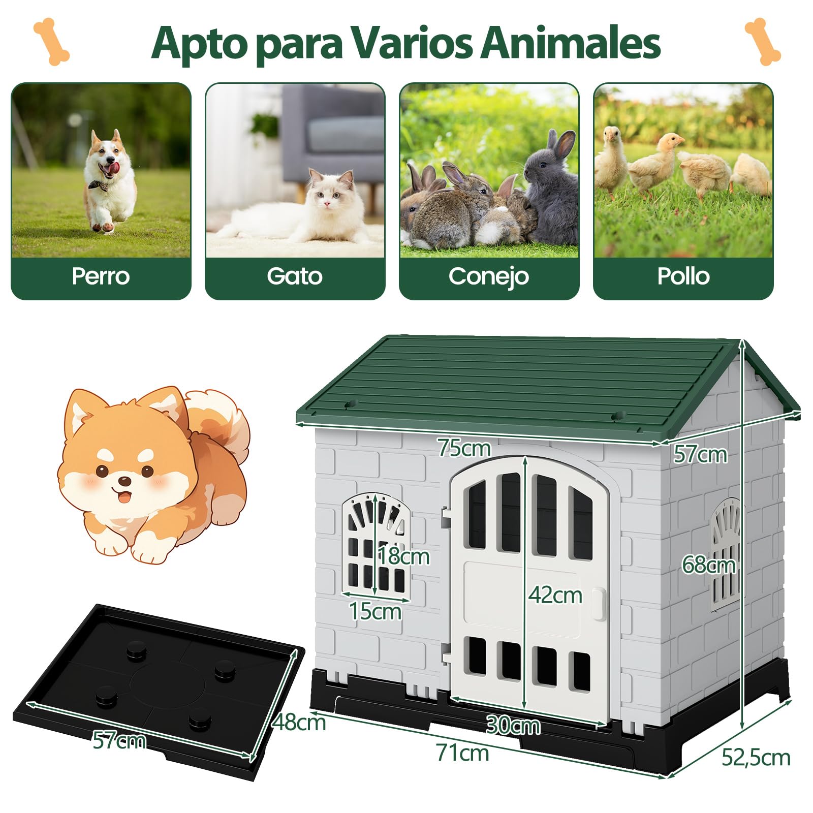 Casa para Perros Plegable de Plástico, Refugio para Mascotas Resistente a la Intemperie con Bandeja de Inodoro, Puerta con Cerradura, Techo Inclinado, Jaula de Interior Exterior para Gatos