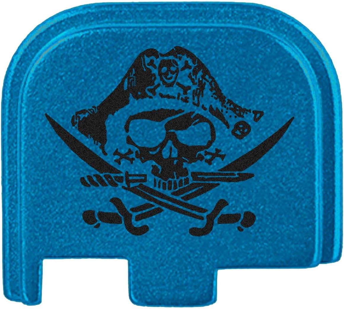 NDZ Performance Slide Cover Back Plate for Glock 43 43X 48 & PSA Dagger Micro – Aluminum Upgrade with Black Engraving – Calico Jack Jolly Roger – Blue
