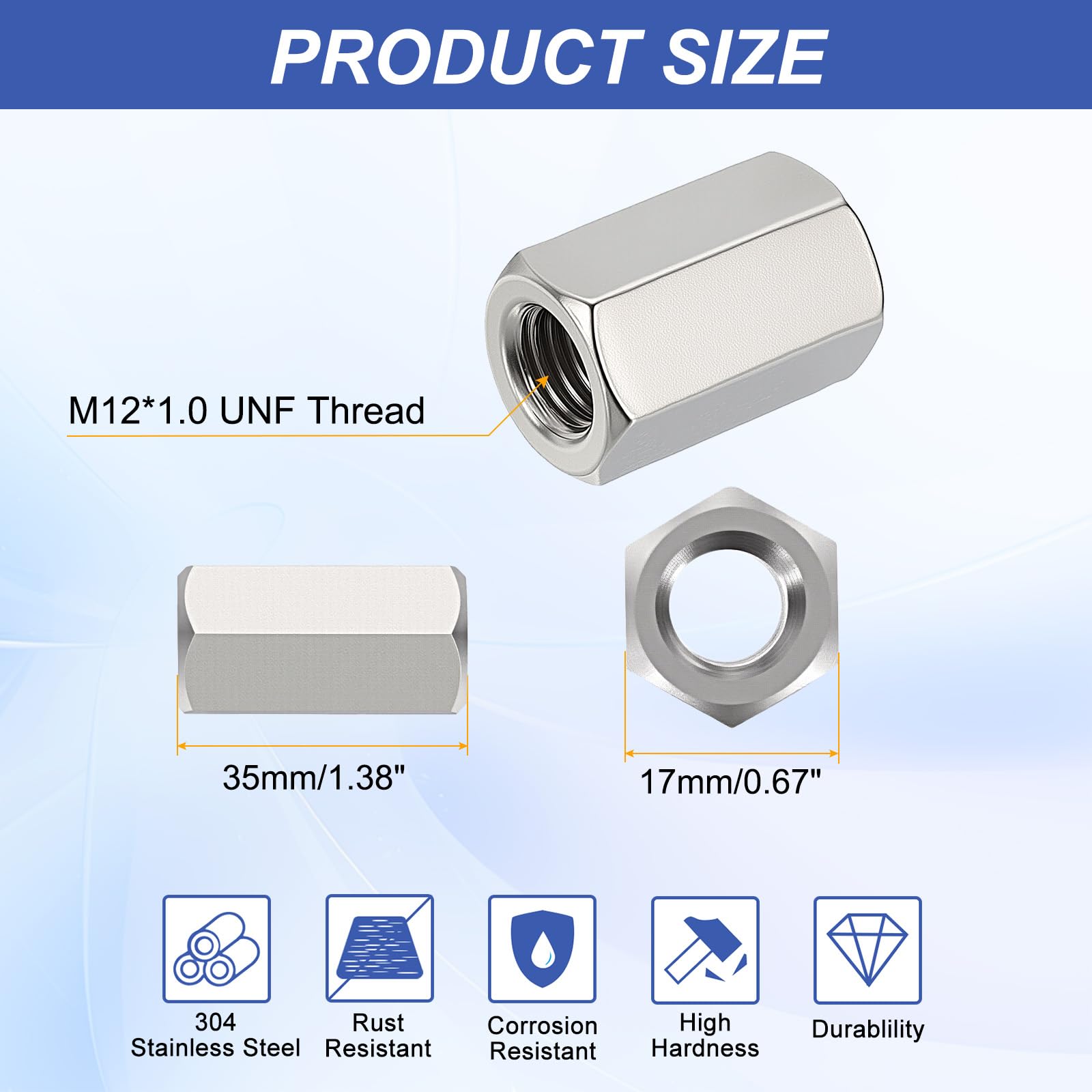 HiPicco Hex Coupling Nuts, M12 x 1.0-Pitch UNF 35mm/1.38" Length, 8 Pack 304 Stainless Steel Rod Coupling Nut for Threaded Rods & Studs - Image 2