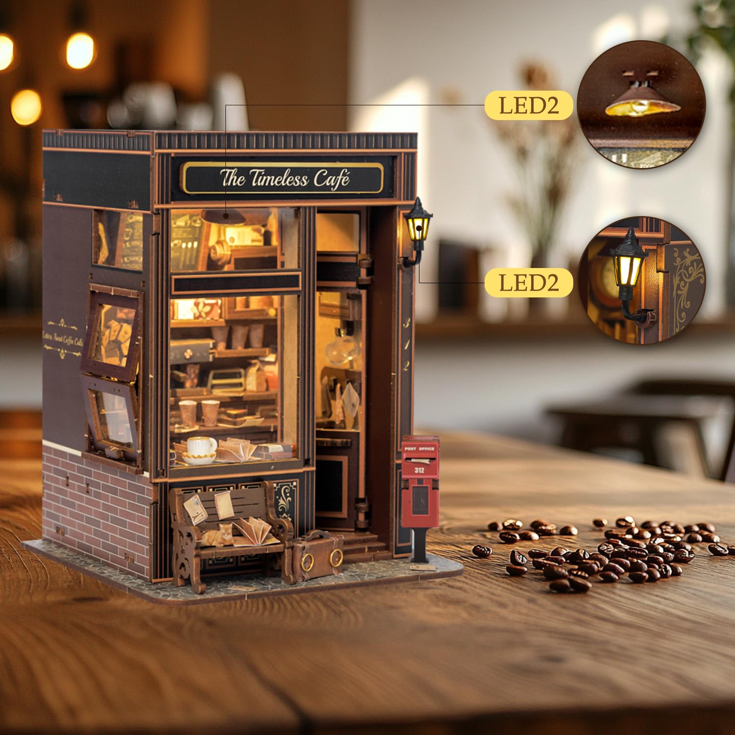 The Timeless Cafe Book Nook Vintage Miniatur Puppenhaus mit LED Beleuchtung, DIY 3D Puzzle Bücherregal Dekor für Erwachsene, Kaffeehaus Geschenke für Buchliebhaber