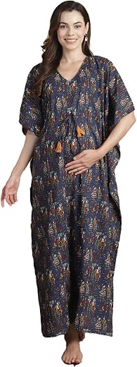 Secret Wish Dark Blue Ethnic Printed Cotton Maternity Kaftan/Free Size/Feeding/Nursing/Zipper/Drawstring/Printed/Full Length