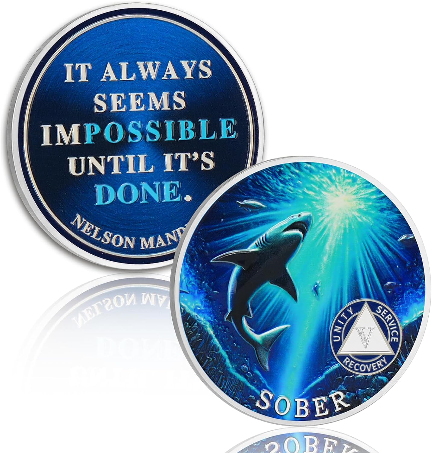 Mighty Shark 9 Year Sobriety Coin - Swim to The Light AA Medallion, Alcohol Free Recovery Coin with Mandela Quote, Inspirational Sobriety Gifts for Men & Women