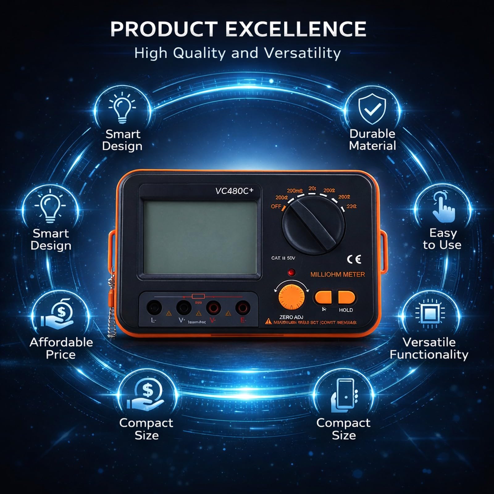 Milióhmetro Digital de 0.01mΩ a 2kΩ, 6 Rangos, Medición de 4 Hilos, Tester de Baja Resistencia DC - Alta Precisión, Protección Avanzada, Pantalla LCD Grande, Portátil para