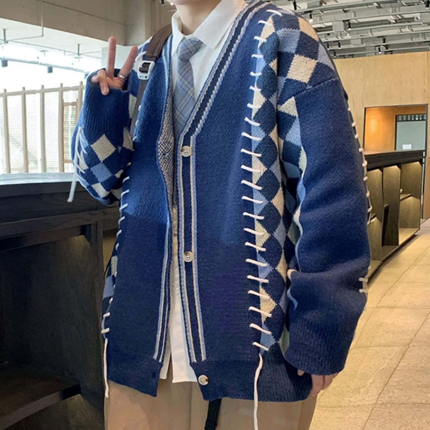 [ＢＡＧＡＤ] カーディガン アウター メンズ 長袖 紐飾り アーガイル スタリッシュ Vネック かっこいい ゆったり ニット 秋冬