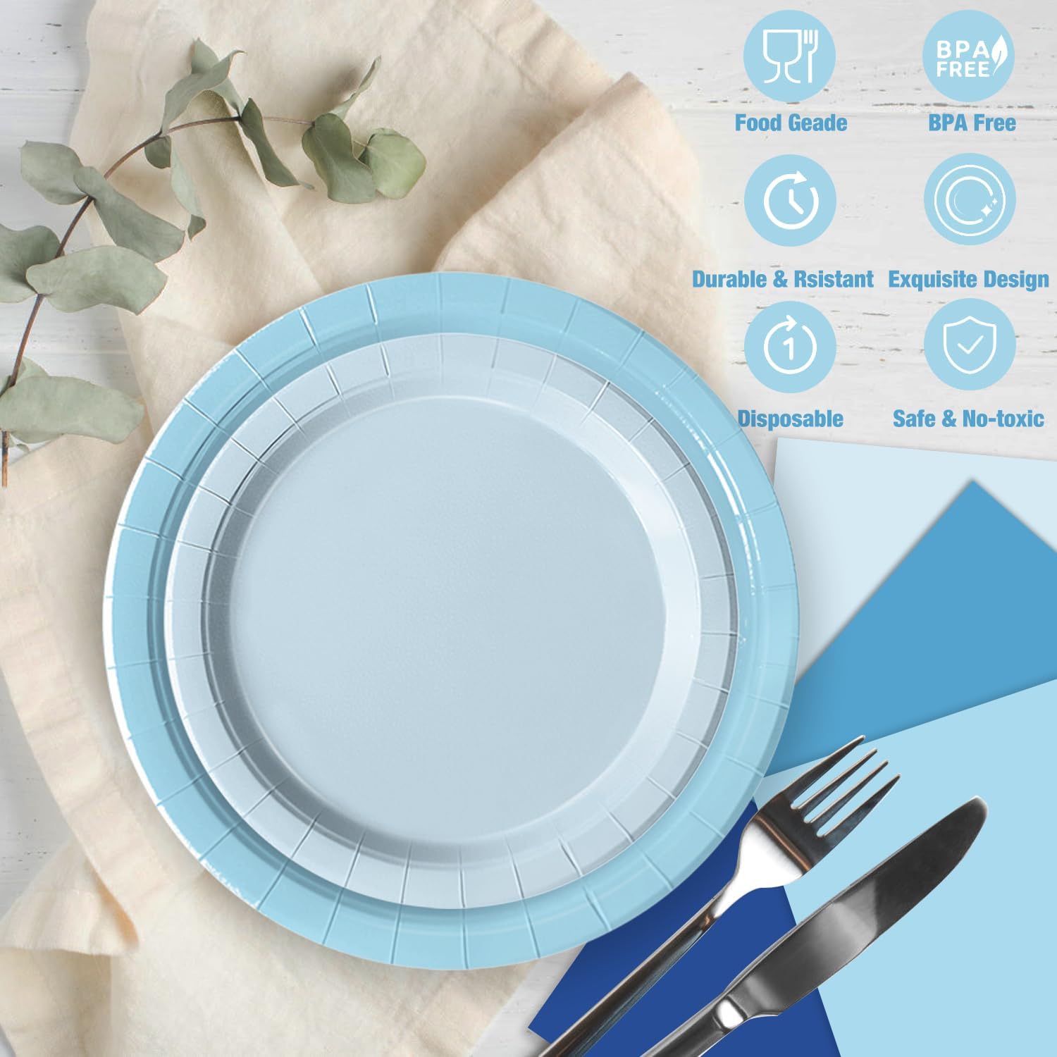 60 PCS Blue Paper Plates, Light Blue Plates and Napkins Party Supplies for Wedding Baby Shower Bridal Party Supplies Tableware Decor