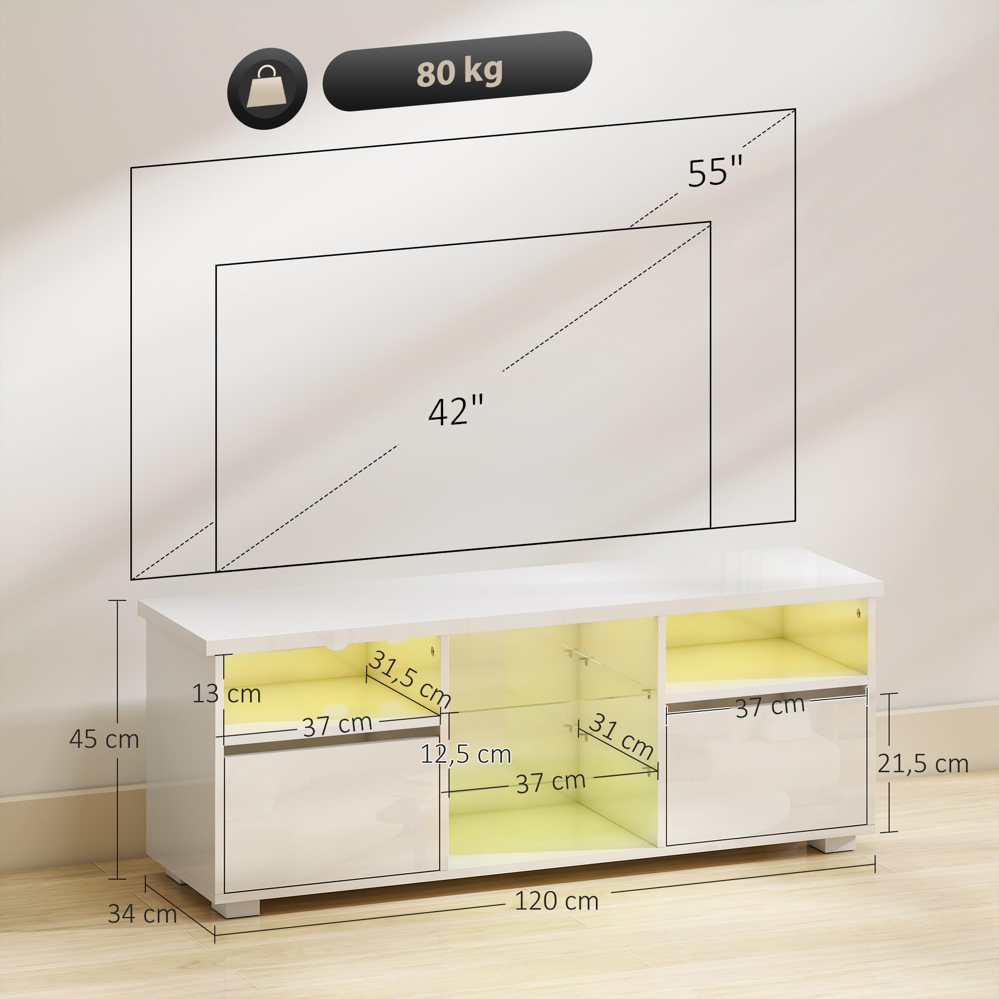 HOMCOM Meuble TV 120 cm Meuble Télé LED TV pour Téléviseur 55 Pouces Blanc