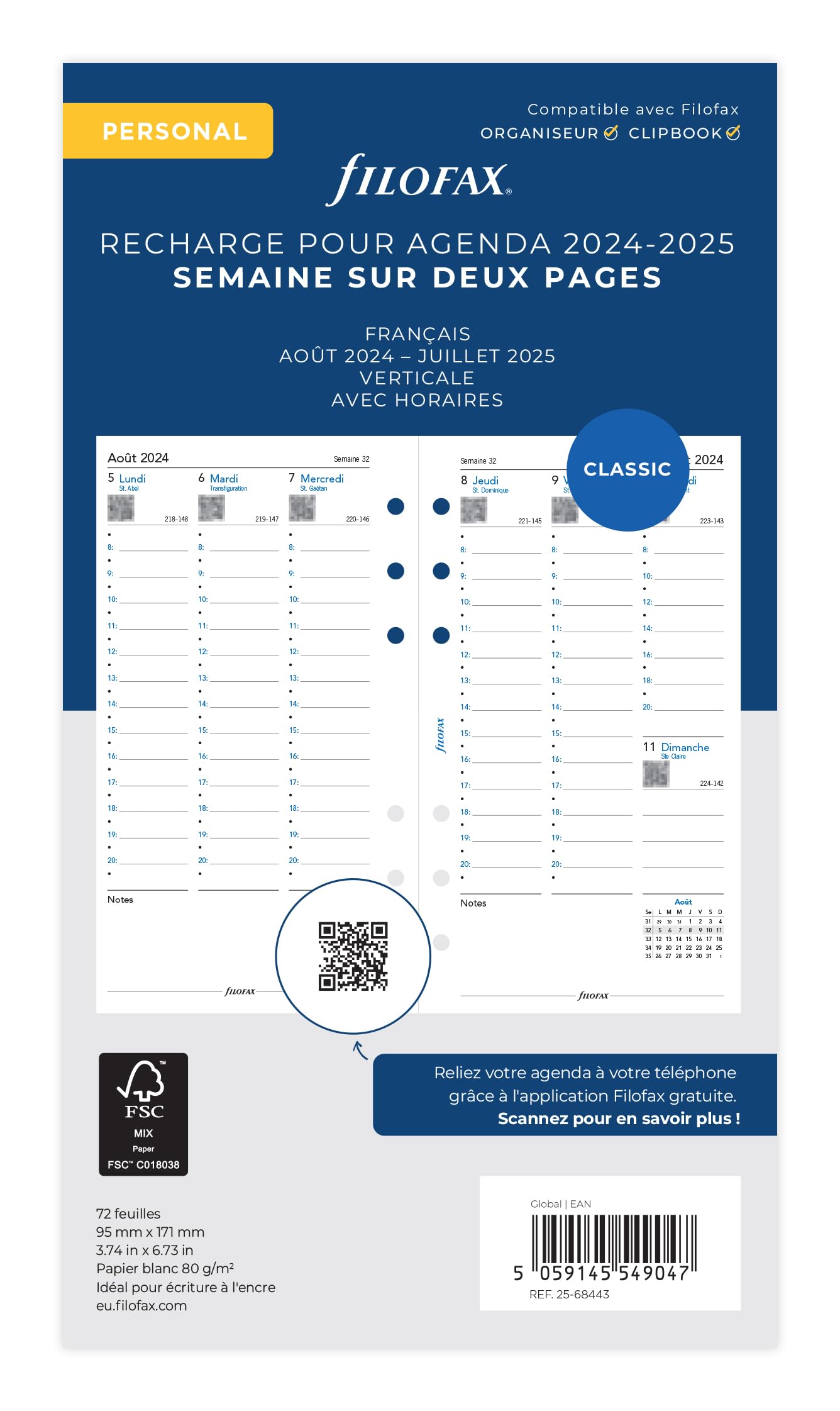 Filofax Personal French Vertical Week On Two Pages Mid Year August 24-Jul 25