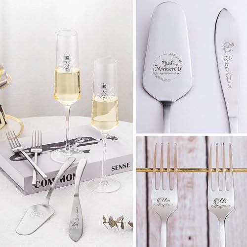 Miniatura 2 de iooiluxry Juego de cuchillos y servidores para tartas de boda, flautas y tenedores de champán para boda, regalos de despedida de soltera, regalos de