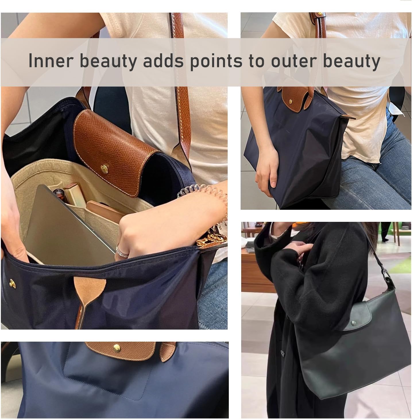 Chispee Handbag Organizers for Longchamp Felt Purse Divider Organizer Insert Pocket & Zipper Inner Bag Liner fit Large, Brown