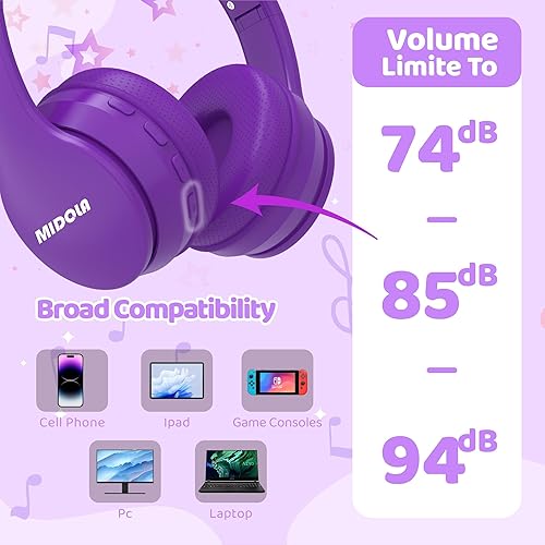 Miniatura 7 de MIDOLA Auriculares Bluetooth inalámbricos para niños, límite de volumen de 85 dB110 dB, protección contra el ruido, auriculares AUX de 0.138in,