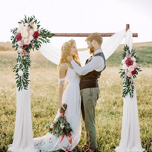Miniatura 8 de Kit de flores artificiales para arco de boda, 2 arreglos florales con temática de rosa polvoriento y borgoña, 1 cortina de tela blanca, para ramos