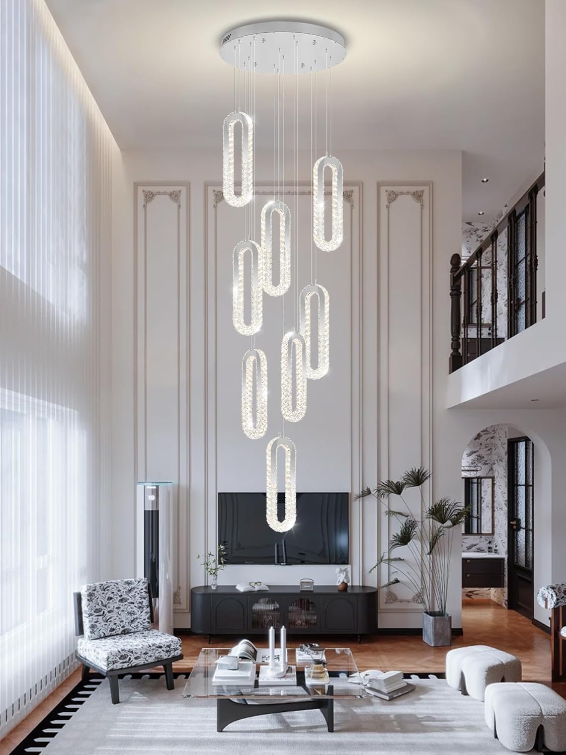 Modern Crystal Chandelier Adjustable 8 Rings Chandelier for Foyer Stairwell Crystal High Ceiling Pendant Light Dimmable 2700K-6000K Silver