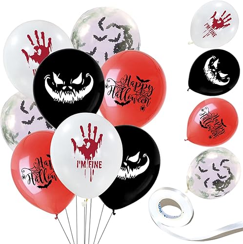 Paquete de 50 globos de Halloween, negro, blanco, rojo y confeti para decoración de fiesta de cumpleaños de Halloween