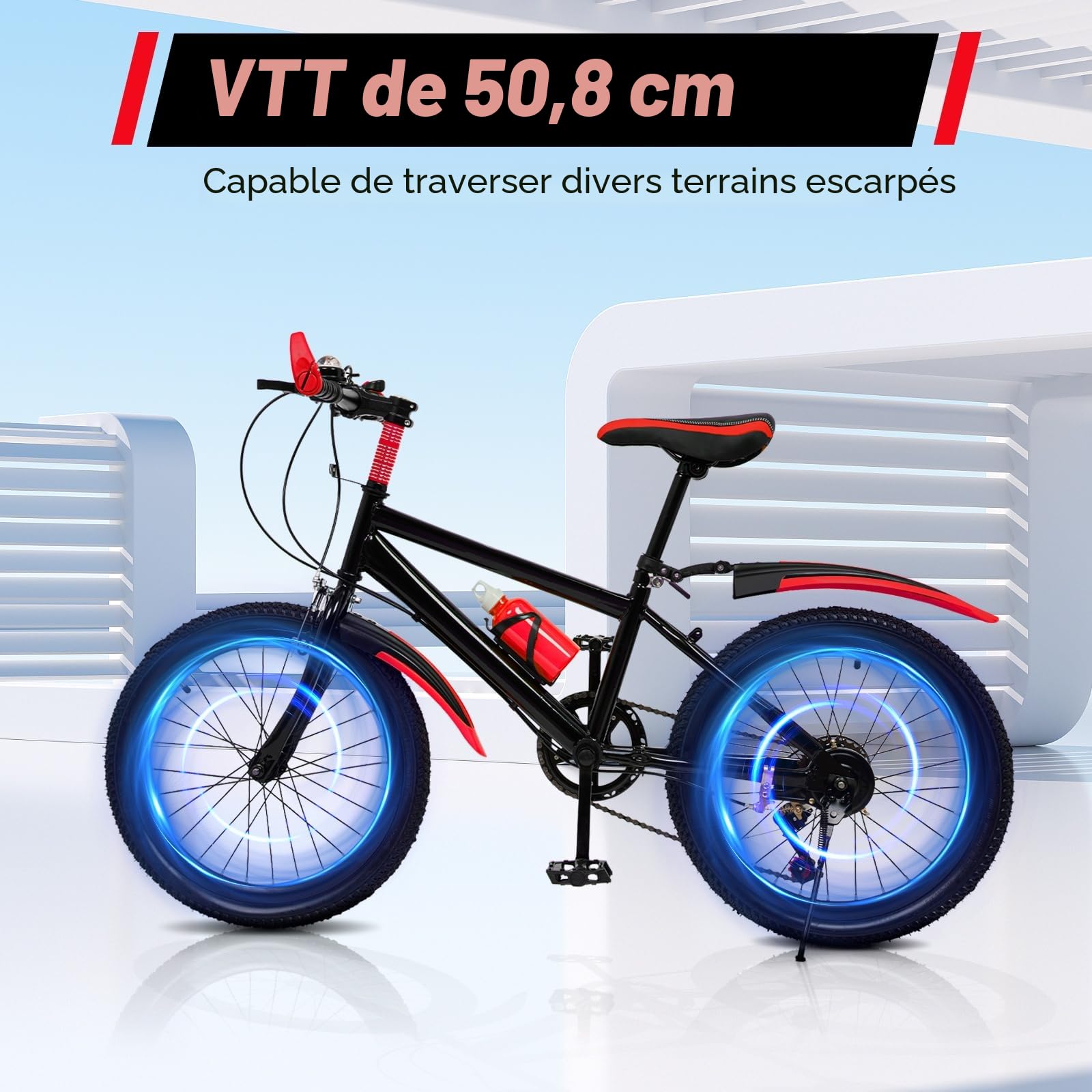 VTT 20 pouces pour enfants, 7 vitesses, hauteur réglable pour 8, 9, 10, 11, 12, 13 ans, avec fourche à suspension, bouilloire et support de rangement