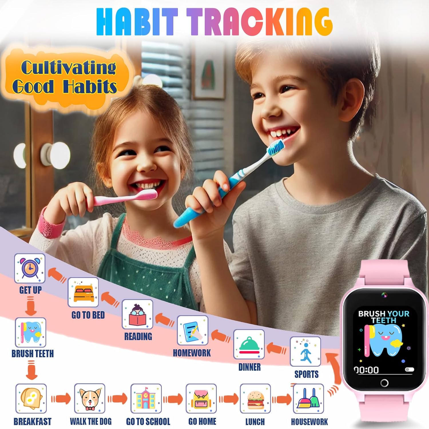 Goodatech 1.69'' Kids Smart Watch for Boys and Girls, HD Camera, 26 Puzzle Games, Video Music Player, Pedometer, Flashlight, Alarm Clock, Christmas Birthday Gifts for 4-12 Years Children (Pink)