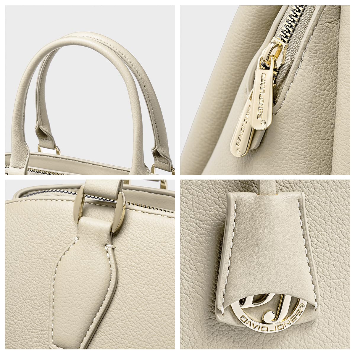 David Jones – Bolso de mano para mujer – Bolso de mano de piel sintética – Hombro – Varios compartimentos con 3 bolsillos – Tote Ville Trabajo Elegante Clásico Chic Moda, beige, talla única