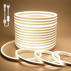 Bandă LED Neon BAGZY 10 m, pentru exterior și interior, rezistentă la apă, 230 V, 120 LED-uri/metru, flexibilă, DIY, alb natural, cu sursă de alimentare și controller incluse