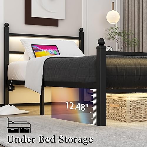 Miniatura 6 de Marcos de cama individuales con estación de carga y luces LED, marco de cama de metal tamaño individual con cabecera y pie de cama, plataforma de