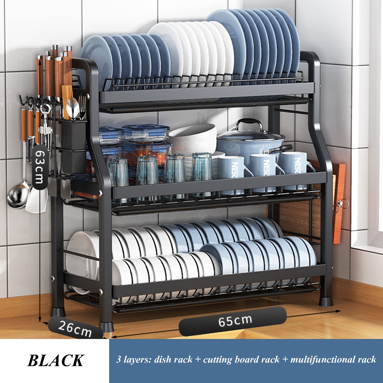Escurridor compacto para encimera de cocina con soporte para cubiertos y tabla de drenaje duradera, estantes de almacenamiento de vajilla fáciles de usar