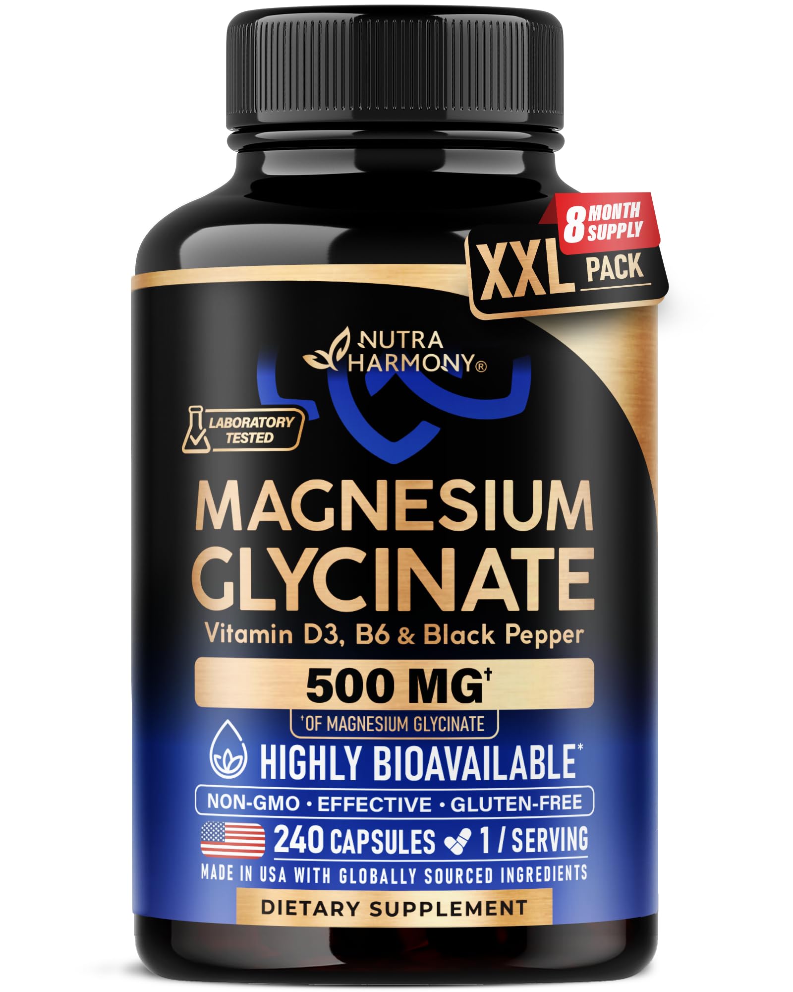 Magnesium Glycinate 500 mg - Chelated Supplement - High Absorption Form of Magnesium - Support for Sleep, Muscle & Heart Health - Made in USA, Lab Tested & Non-GMO - 240 Capsules