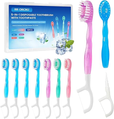 Paquete de 10 cepillos de dientes desechables con pasta de dientes 5 en 1, mini cepillo de dientes de viaje con raspador de lengua + hilo dental +