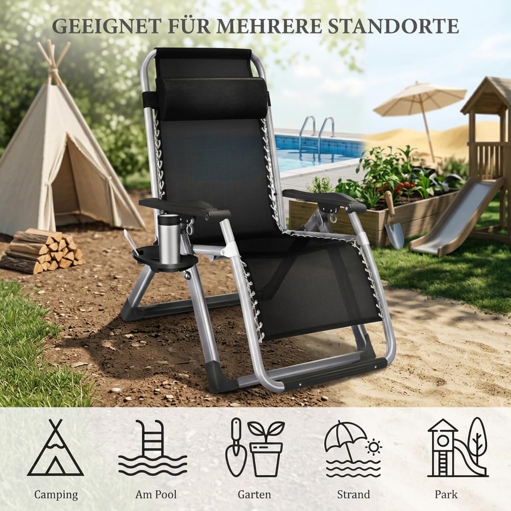 Zero Gravity Liegestuhl, Sonnenliege Klappbar mit Klapptaschen, Outdoor Sessel für Balkon oder Garten für Patio-Pool-Camping-Strand, Gartenliege Mit Tassenhalter & Kissen (Schwarz 1 Stück)