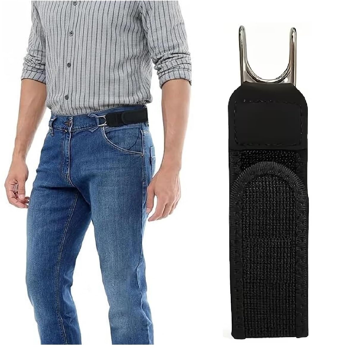 Buckle less Elastic Belt with Stylish Metal Hook, Strong Adhesion, Exquisite Stitching, Black, Unisex, 2 Pieces-image-49