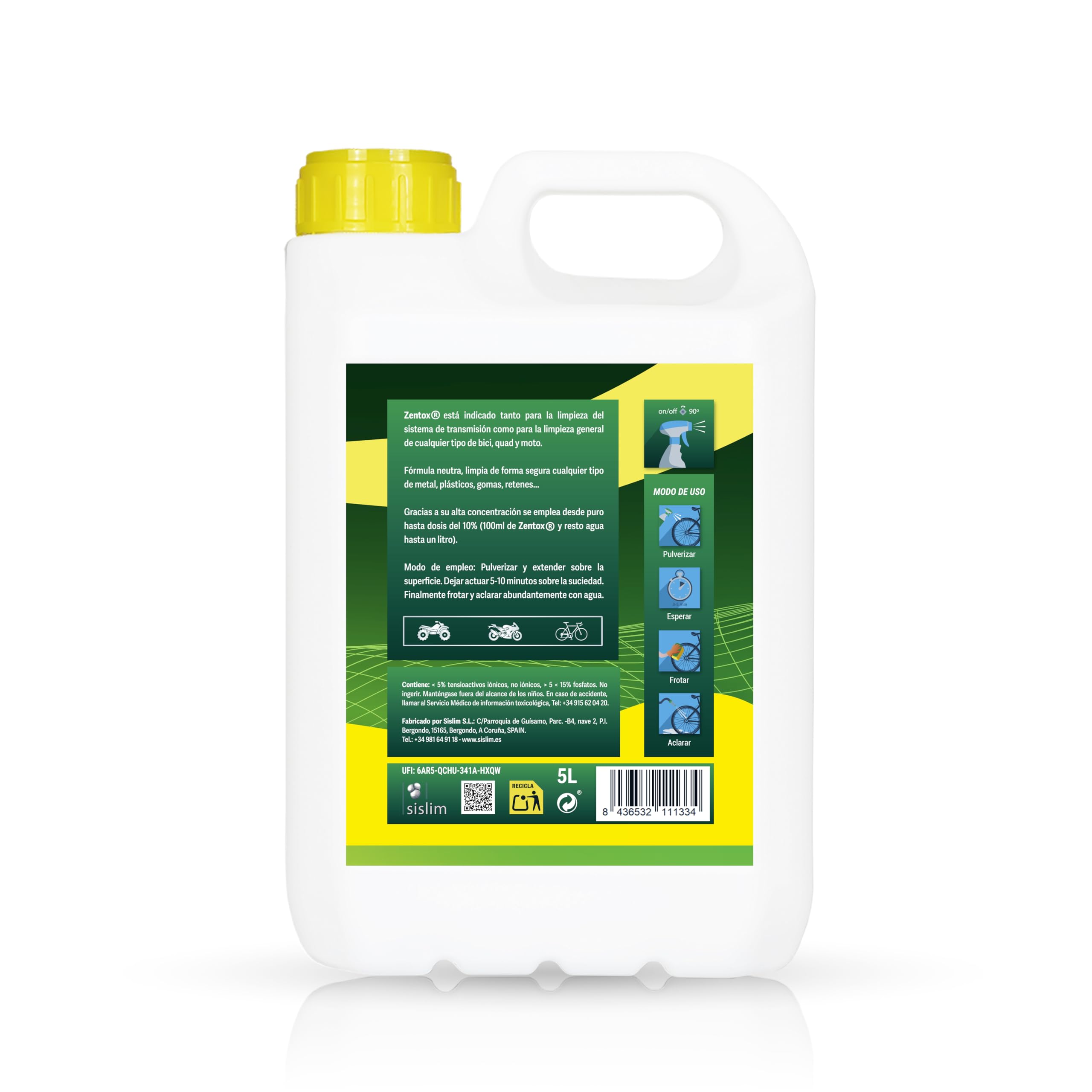 Sisbrill Zentox desengrasante y limpiador NEUTRO de bici y moto. Cadena, chasis, motor. Concentrado sin agua (1 lt == 10 lts en uso). Protección Carbono, Anodizados, Cromados y Aluminio - 5 litros